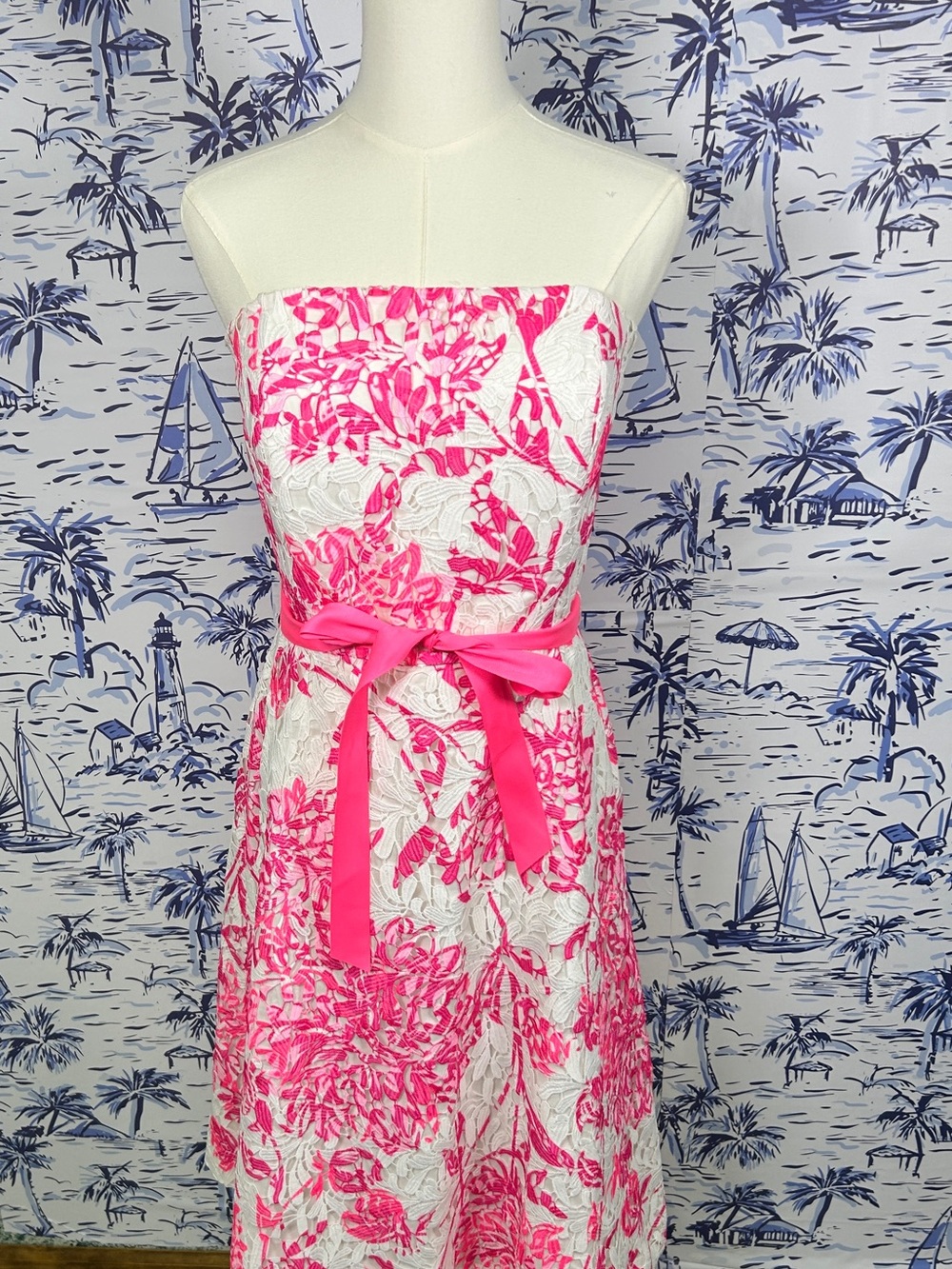Lilly Pulitzer White Strapless Dress with Hot Pink Floral Print